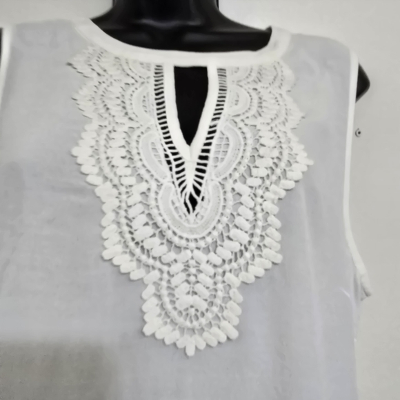 PALE SKY Quin Sleeveless Lace Crochet Flowy Boho Elegant Evening‎ Top L Ivory - Picture 2 of 14
